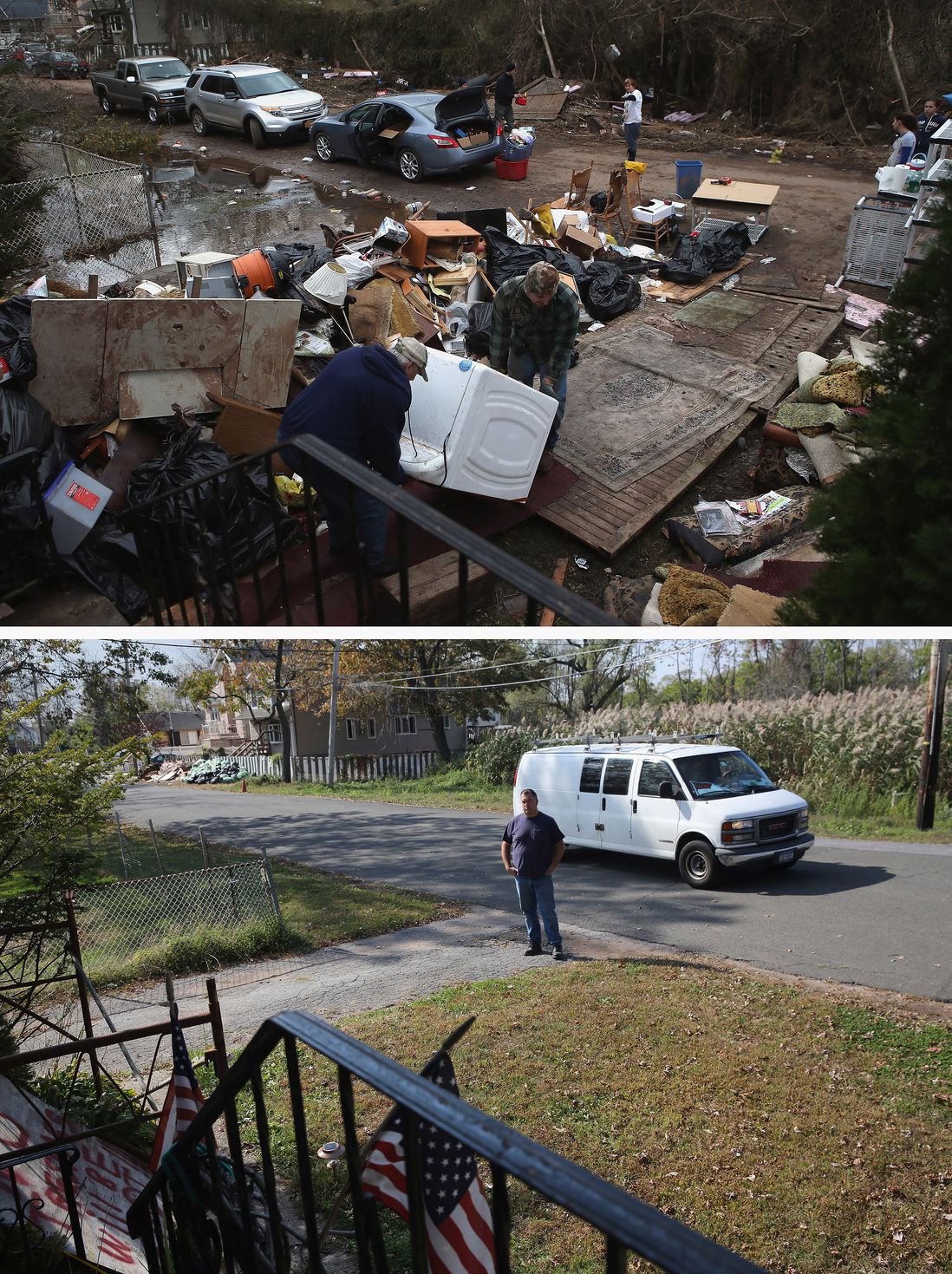 [Top] Members of the Hague family try to salvage a washing machine from their flood-damaged home after Hurricane Sandy on November 1, 2012 in the Ocean Breeze area in the Staten Island borough of New York City. [Bottom] Neighbor Frank Moszczynski watches over the Hague family home, still uninhabited almost a year after Hurricane Sandy October 17, 2013.